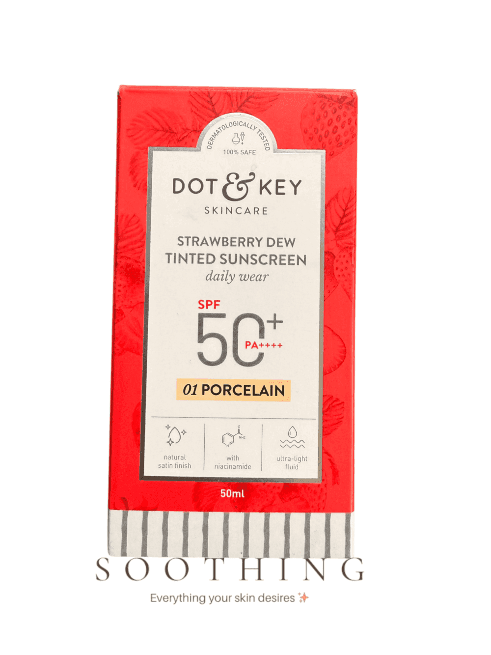 Dot & Key Strawberry Dew Tinted Sunscreen SPF 50 PA++++ shade 01 Porcelain with niacinamide 50ml box Dot & Key Strawberry Dew Tinted Sunscreen SPF 50+ PA++++ | Shade 01 Porcelain | Niacinamide Natural Satin Finish 50ml - Image 1