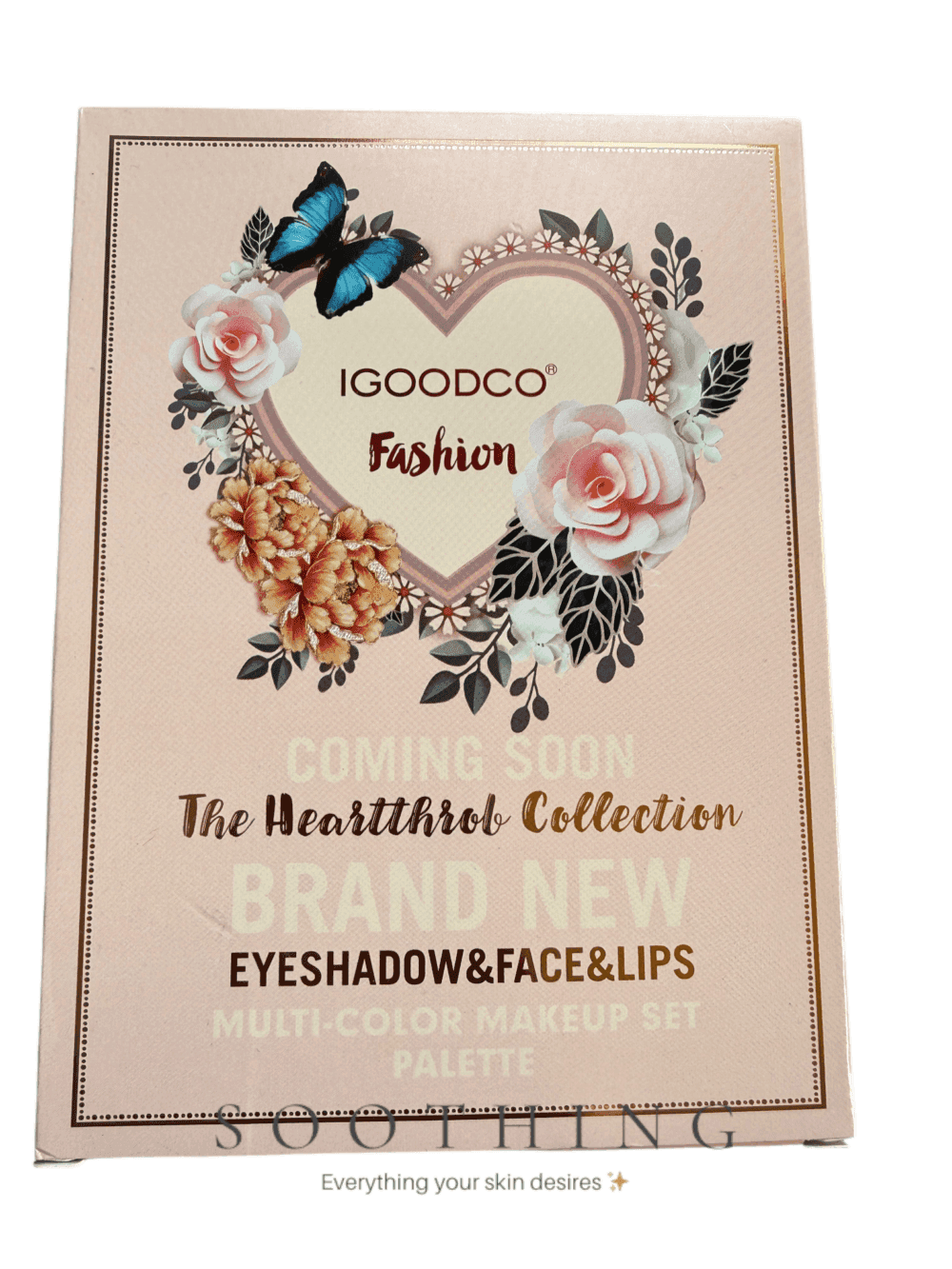 IGOODCO Fashion Heartthrob Collection All-in-One Makeup Palette packaging with butterfly and floral heart design IGOODCO Heartthrob All-in-One Makeup Palette | 24 Eyeshadows + Face Highlighters + Blush + Lip Colors | Professional Multi-Color Makeup Set for All Skin Tones - Image 1